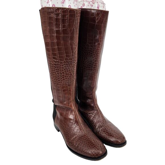 Studio Pollini Brown Leather Croc Round Toe Zipper Boots Size 36 US 6.5B - Picture 1 of 6